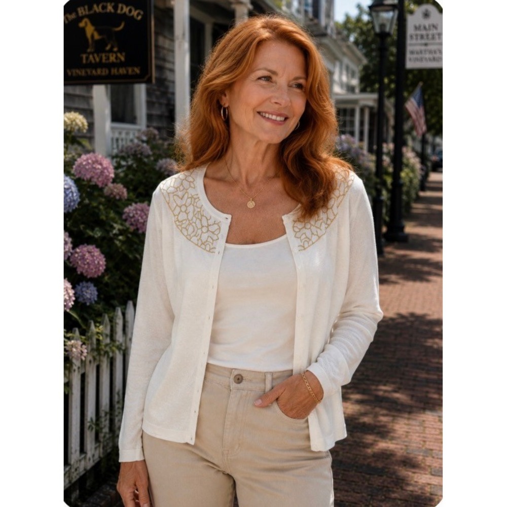 LOFT Ann Taylor White Cotton Cardigan with Gold Floral Embroidery